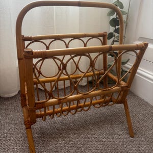 Vintage Cane Bamboo Magazine Rack / Vinyl Record Holder Wicker Storage 1970s