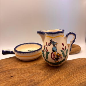 Vintage French Dieppe Faience Milk Jug & Quimper Bowl Set: Hand Painted Folk Art