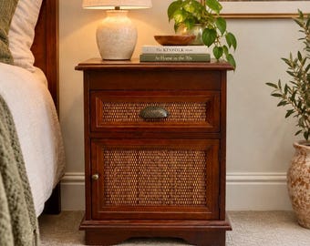Pier 1 Imports Rattan Nightstand | Dark Wood, Colonial Boho Side Table