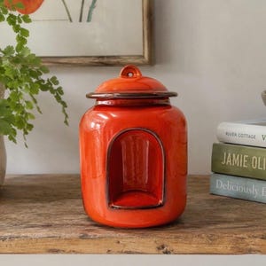 Op de afbeelding: Een feloranje keramische voorraadpot met bijpassend deksel en een opvallende boogvormige nis aan de voorzijde. De pot heeft een gladde, glanzende afwerking met donkerbruine geglazuurde randen rondom het deksel en de centrale opening.