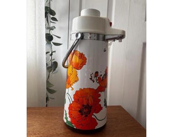 Vintage Floral Airpot Thermos Poppy Print Retro Pump Flask 1970s Kitchen