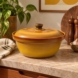 May include: A round ceramic casserole dish with a lid, featuring a gradient of warm yellow and brown tones with horizontal ringed textures. The pot has a wide rim and a central knob on the lid, showcasing a glossy finish and earthy colour palette.