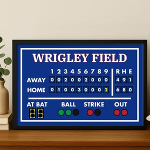 May include: A framed print of a baseball scoreboard from Wrigley Field. The blue background features white text and numbers indicating the score, innings, and other game details. The frame is black.