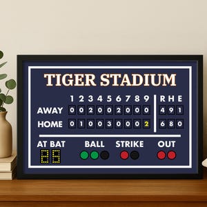 Framed Detroit Baseball Scoreboard Print – Vintage Blue Stadium Wall Art Classic Michigan Sports Decor Gift Baseball Fans Old Tiger Stadium