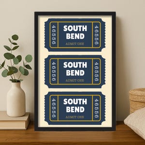 South Bend Indiana Framed Student Wall Art, Trendy South Bend Art Print, Travel Art, ND Ticket Stub Graphic, Plus FREE SHIPPING