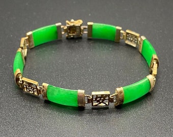 Vintage gold wash vermeil sterling silver and jade calligraphy link Chinese bracelet