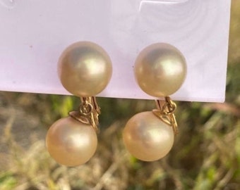 Vintage Majorica 12k GF and pearl Clip-On Dangle Double Pearl Earrings
