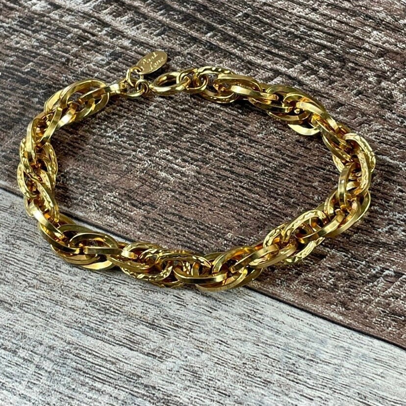 ◆VINTAGE HOLLYWOOD◆ Twist Chain Bracelet VH24NNBR172M Vintage 1980s Gold Tone Twisted Chunky Textured Chain Link