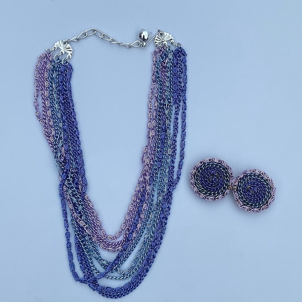 Vintage Western Germany purple and blue metal multi strand necklace and clip on earrings set