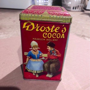 Antique mid century 1940s Droste’s Dutch Process Haarlem Holland Droste Cocoa advertising litho tin box