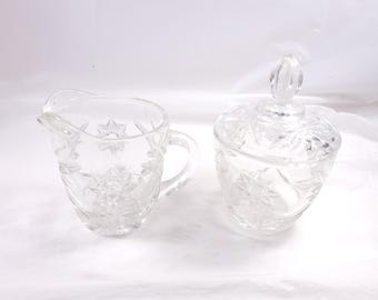 Anchor Hocking Creamer & Sugar Set Clear Glass Star Pattern Vintage