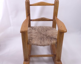 Vintage Wooden Miniature Woven Seat Rocking Arm Chair Doll Furniture