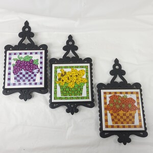 Patchwork Style Strawberry Grapes Mushroom Tile Cast Metal Trivet Wall Plaque