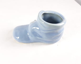 Small Blue Baby Shoe Planter Ceramic Vintage