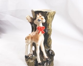 Vintage Giraffe With Bow Figural Vase Kitschy Ceramic Hand Painted