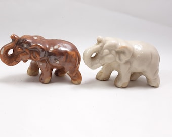 Vintage Miniature Porcelain Elephant Figurines With Trunk Up White Brown Japan