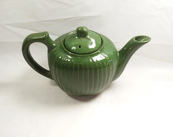 Vintage Fraunfelter Green Ribbed Teapot Made in Ohio.