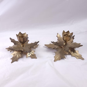 Vintage Brass Holly Leaf Candleholders Holidays Winter Christmas Decor