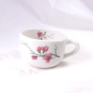 May include: A small, white ceramic cup with a handle. The cup is decorated with a pink floral design featuring blossoms and branches. The cup is set against a white background.