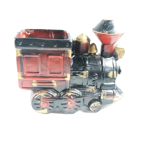 Train Engine Planter Vintage Ceramic Red and Black