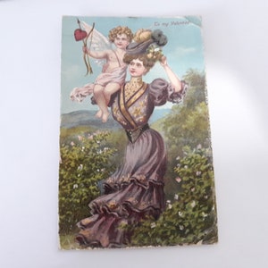 To My Valentine Lady and Cupid Vintage Antique Postcard