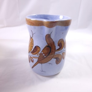 Mexican Pottery Pitcher Vintage Handpainted Tonala Blue & Brown Flower Bird