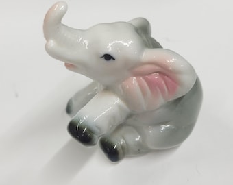 Grey Trunk Up Elephant Ceramic Figurine Small Kitschy Vintage