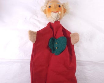 Vintage Puppet Wooden Head King Hand Puppet Felt Body