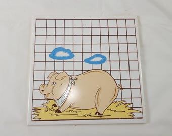 Vintage Pig Ceramic Tile Trivet Retro Country Kitchen Farmhouse Decor