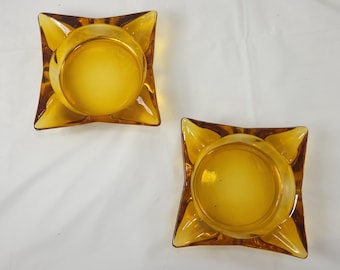 Vintage Amber Glass Ashtray Set Square Mid Century Modern MCM Trinket Dish