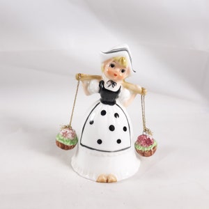 Vintage Dutch Girl Bell Figurine With Flower Baskets White Black