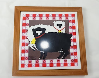 Vintage Linda Morgan Sheep Ceramic Tile Framed Wood Country Farmhouse Decor