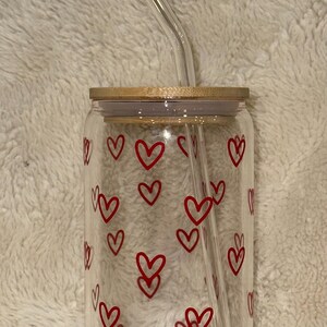 Red Heart 16oz Glass Cup with Bamboo Lid and Glass Straw