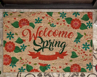 Welcome Spring Doormat – Floral Coir Welcome Mat – Spring Porch Decor – Housewarming Gift – Front Door Mat – Realtor Closing Gift