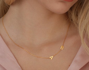 Customized Initial Letter Necklace, Sideways Personalized Initial Necklace, Handmade Custom Letter, Gold Two Letter Necklace