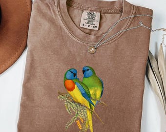 Camiseta vintage de periquito, camiseta con estampado de pájaro colorido, espléndida camiseta de periquito, regalo para amantes de la naturaleza, camiseta de animales estilo cottagecore, camiseta de arte botánico