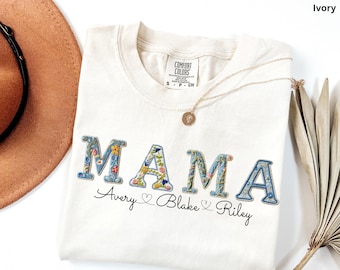 Mama Shirt with Kids Names, Personalized Mom Shirt, Floral Embroidered Mama Tee, Gift for Mom