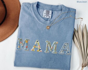 Floral MAMA T-Shirt, Vintage Faux Embroidered Style Mom Shirt, Mother’s Day Gift – Cute Blue Flower Graphic Tee Mom Life Shirt, New Mom Gift
