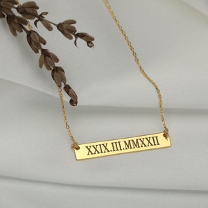 Elegant Horizontal Gold Bar, Personalized with Name, Roman Date & Coordinates, Romantic Gift for Couples