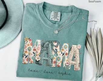 Personalized Mama Shirt with Kids Names, Floral Patchwork Mama Tee, Coquette Bow Mom Custom Mom Gift, Mother’s Day Shirt, Faux-Embroidery