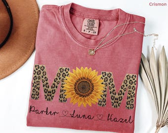 Personalized Mom Shirt with Kids Names, Sunflower Leopard Mom Tee, Custom Mama Shirt, Mother’s Day Gift, Grandma Shirt, Floral Mom Shirt