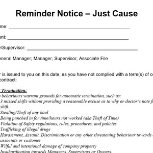 Written Policy Infraction/Reminder Notice - Just Cause