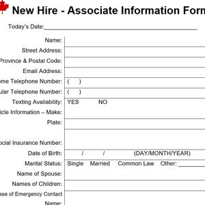 New Hire Information Collection Sheet - Canadian Issue