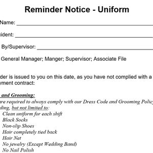 Written Policy Infraction/Reminder Notice - Uniform