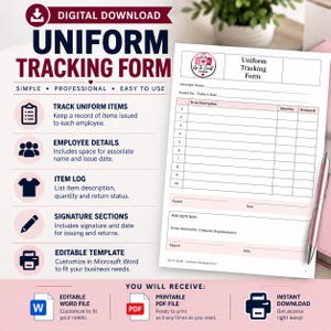 May include: A digital uniform tracking form template featuring a table with columns for item description, quantity, and return status. The document includes fields for associate name, date, and signatures, with a logo for Up To Snuff Canada.