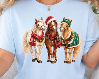 Christmas Horses T-Shirt, Santa Hats Scarves Winter Equestrian Holiday Tee
