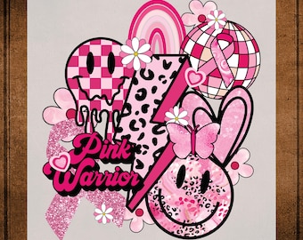 May include: Pink Warrior sublimation design featuring a pink ribbon, a smiley face, a lightning bolt, and a disco ball. The design also includes a leopard print, a checkered pattern, and a butterfly.