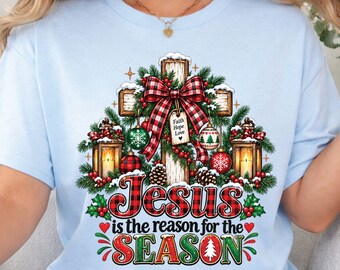 Jesus Is the Reason for the Season T-Shirt, Buffalo Plaid Cross Christmas Tee