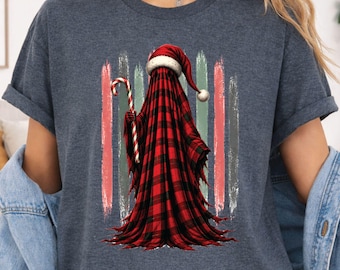 Buffalo Plaid Ghost Christmas T-Shirt, Santa Hat Candy Cane Spooky Holiday Tee