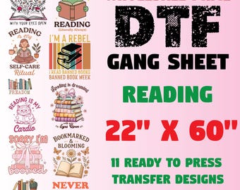 Reading Book DTF Transfer Gang sheet, Reading Gang Sheet, 22x60 Reader Heat Transfer For Shirts, Reading Lover Premade Gang Sheet